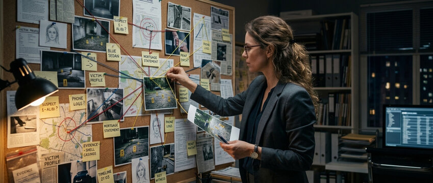 Detective analyzing crime scene evidence on investigation board at night mystery solving case study