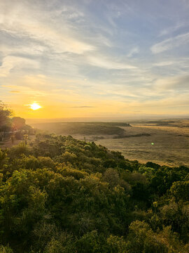 Kenya safari landscape at sunset over the African savanna