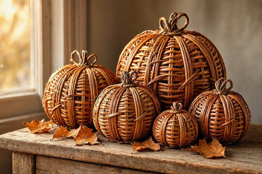 Handcrafted wicker Halloween pumpkins in natural rattan and willow, styled with autumn leaves for rustic seasonal home decor and fall displays.