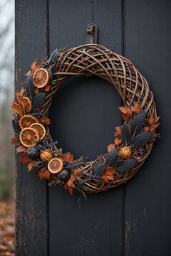 Natural wicker Halloween wreath made from twisted willow with black feathers, dried orange slices and autumn foliage for seasonal door decor.