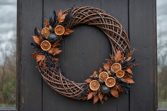 Natural wicker Halloween wreath of twisted willow branches with black feathers, dried orange slices, dark gourds and autumn foliage