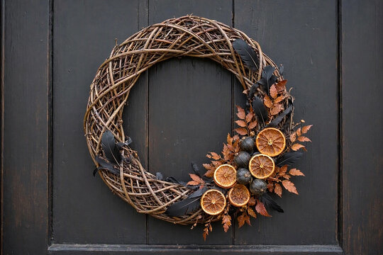 Natural wicker Halloween wreath made from twisted willow with black feathers, dried orange slices and autumn foliage for seasonal door decor.