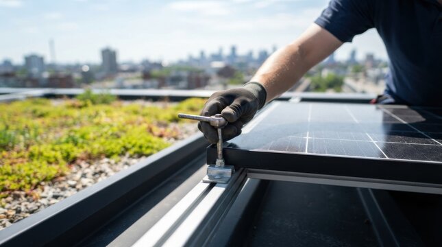 Hand adjusting a rooftop solar panel with mounting rail and bolt, city skyline and green roof visible beyond
