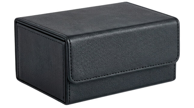 Card storage box, compact playing card deck storage box with a rigid rectangular dark faux leather body, hinged upper protective lid and neatly fitted magnetic-style closing flap, photorealistic