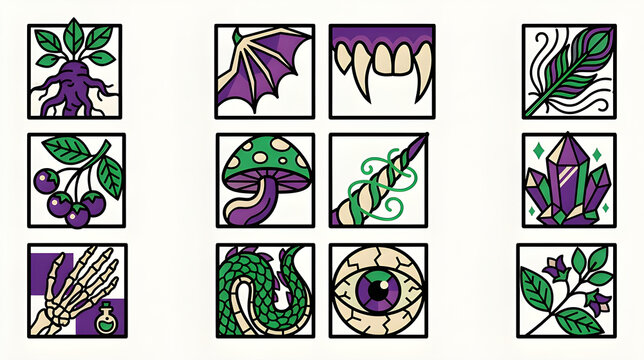 Witchcraft Ingredients and Magic Alchemy Icons Vector Set