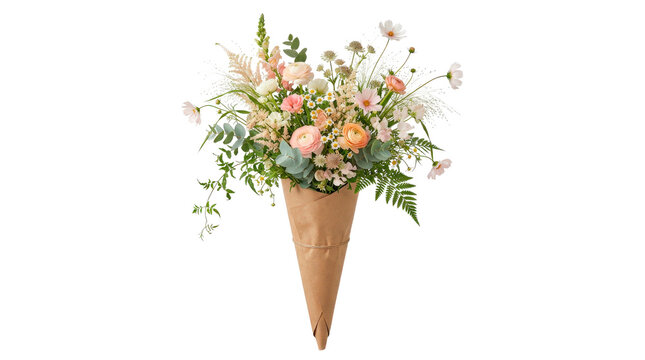 Flower cone arrangement, contemporary tall floral arrangement of delicate seasonal flowers and greenery rising from a single narrow cone-shaped kraft paper florist holder, with a pointed lower section