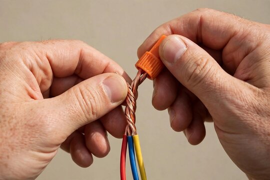 Hands Joining Twisted Copper Wires with an Orange Wire Nut Connector