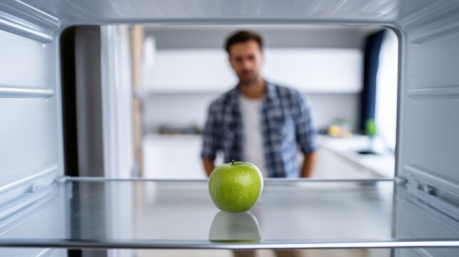 Man standing in modern kitchen looking inside nearly empty refrigerator with a single green apple on a shelf focusing on healthy eating choices and minimalism