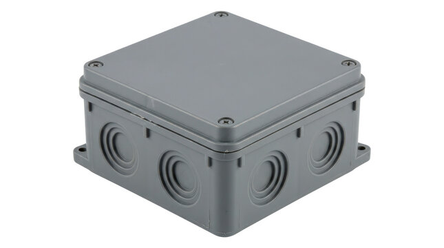 Junction box, square plastic electrical junction box with a sturdy gray housing, removable fitted lid and molded circular cable entry points, photorealistic electrical installation product