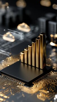 Golden rising bar chart on futuristic circuit board symbolizing technology-driven financial growth and digital innovation in a high-tech environment