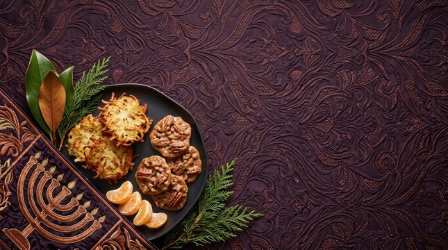Hanukkah and Christmas latkes pecan cookies flat lay copy space background featuring rich purple damask textile, traditional menorah napkin and fresh evergreen sprigs for holiday