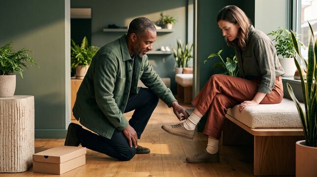 Shopper tries flexible shoes during a comfort fitting