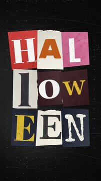 Halloween spelled in stacked ransom note letters on a dark grunge texture. Vertical vintage torn paper typography background