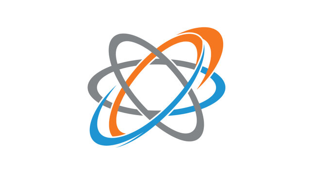 Dynamic abstract science logo featuring intersecting orbits in vibrant orange gray and bright blue colors