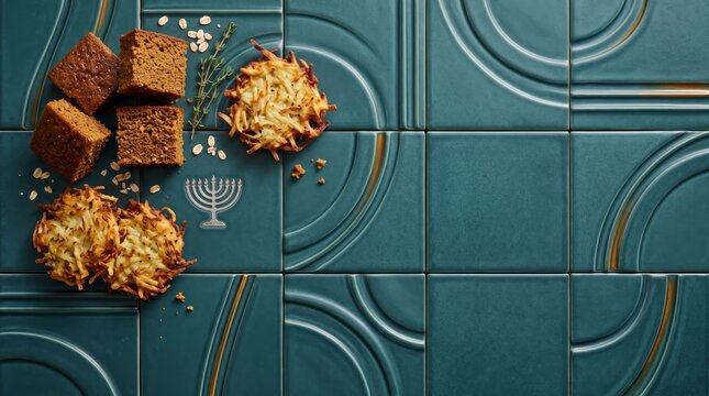 Hanukkah and Christmas Potato Latkes and Shortbread Copy Space Background with Teal Tiles and Menorah