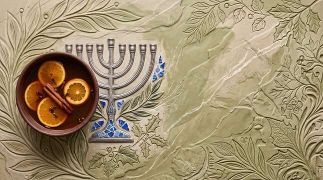 Hanukkah and Christmas Wassail Bowl and Menorah Copy Space Background with Ceramic Relief and Leaves