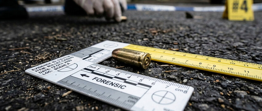 Crime Scene Investigation Bullet Casing Forensic Ruler and Yellow Marker on Asphalt Ground