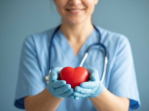 Healthcare professional gently holding a red heart symbolizing care and compassion
