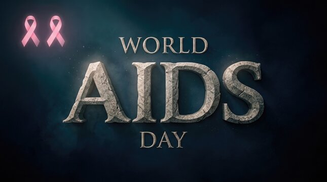 World aids day concept with pink ribbons and textured lettering on a dark background