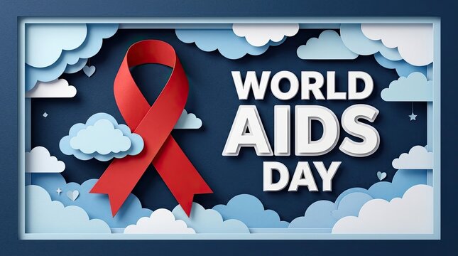 World aids day awareness ribbon and text on a layered paper background