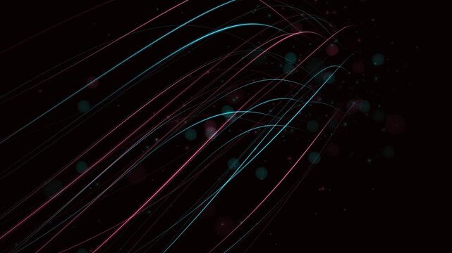 Glowing neon fiber optic lines and data streams in cyan and pink with soft bokeh lighting, abstract digital technology background for big data, AI, and cyber security concepts