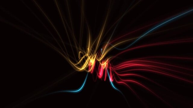 Abstract background with dynamic glowing lines in yellow, red, and blue on a black background, high-dimensional manifold flow data visualization for tech, AI, and big data concepts