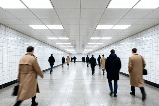 Commuters walk through a bright underground tunnel with tiled walls, polished floors, and fluorescent ceiling lights. Motion blur conveys busy travel and daily movement