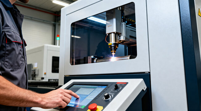 Worker operates a CNC laser cutting machine by pressing its touchscreen control panel in a bright factory. A robotic laser cuts a metal tube inside a safety enclosure