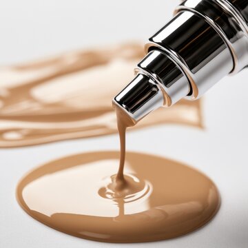 Liquid beige cream foundation smoothly pouring from a shiny metallic dispenser creating a glossy texture on a white surface for flawless makeup application