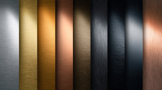 A diverse collection of vertical brushed metal panels in silver, gold, bronze, copper, and dark shades showcasing texture and reflective surfaces for design bac