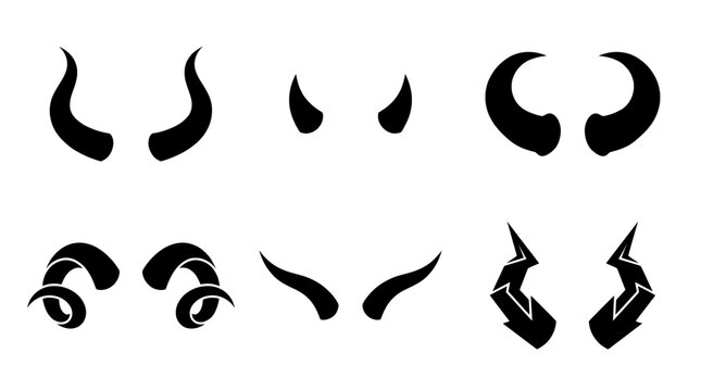 Devil horns vector set, black animal horns collection, fantasy creature silhouette icons