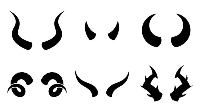 Black devil horns vector set, animal horn silhouettes, fantasy creature graphic design elements