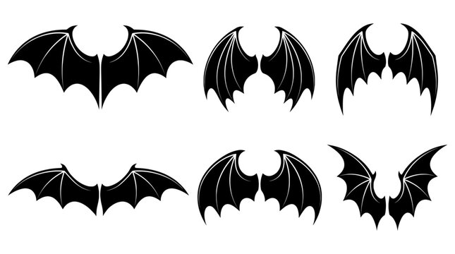 Bat wings vector set, black demonic animal wing silhouettes for Halloween design and tattoo art