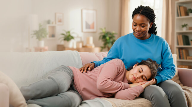 Black woman comforting a resting female on a living room sofa. Caregiver supporting a recovering friend at home. Epilepsy awareness month concept