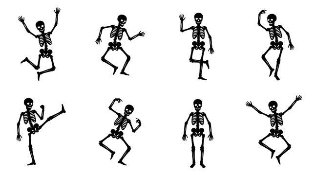 Funny dancing skeletons vector set, spooky cartoon bone characters for Halloween design