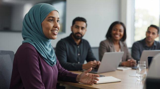 Confident Muslim businesswoman wearing a hijab speaking during a corporate meeting. Diverse team of colleagues listening in a modern office. Islamophobia Awareness Month concept