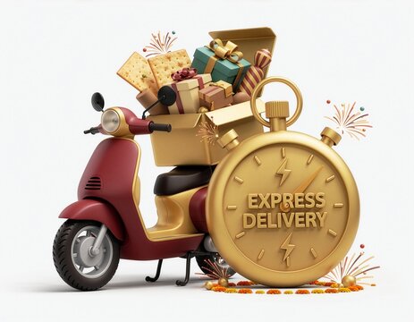 Express delivery scooter with gifts and golden clock