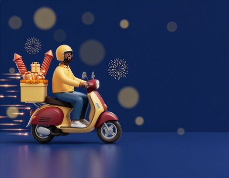 Smiling delivery driver rides scooter with festive gifts and fireworks