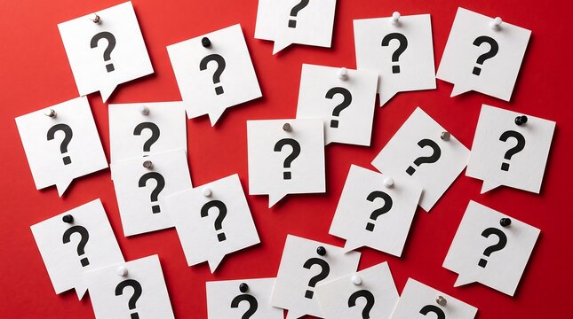 Numerous white question mark symbols scattered across a vibrant red background
