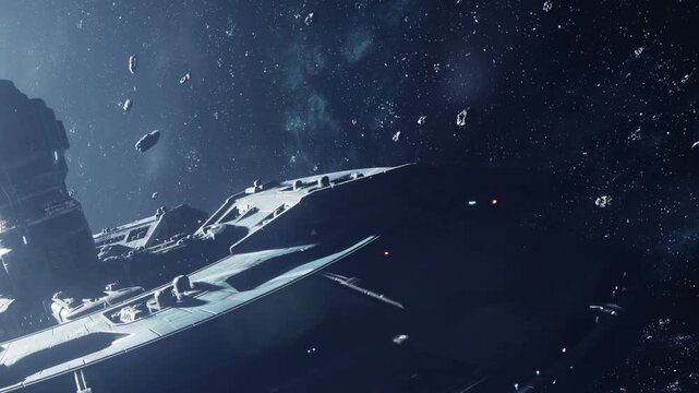 A spaceship moves cautiously through an asteroid field in a distant part of the universe. The scene shows various rocks and debris floating in space around the ship.