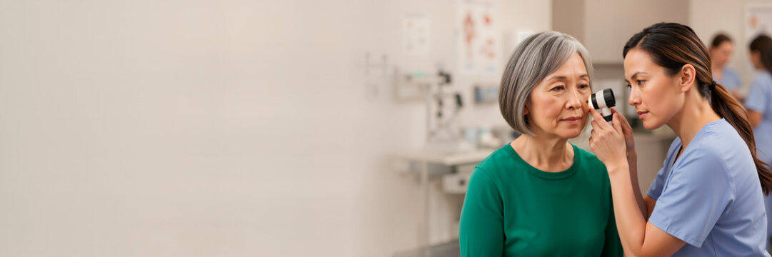 Female dermatologist examining senior patient's face with a dermatoscope in a clinic. Medical skin cancer screening and healthcare concept. Wide panoramic banner with copy space for text