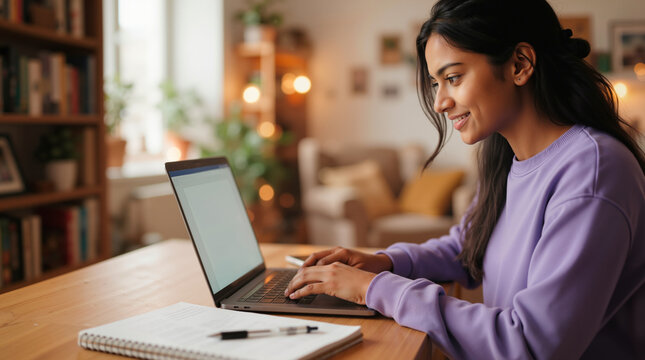 Young Indian woman typing on laptop at home. Smiling female author working on creative writing project. Concept for novel writing