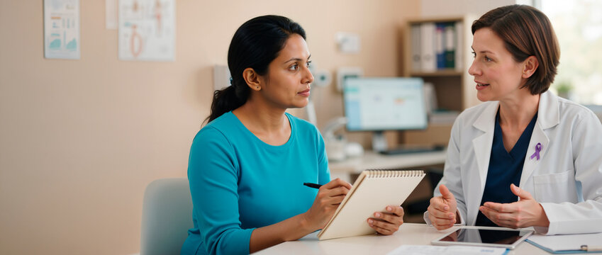 Doctor wearing purple ribbon consulting with patient in medical office. Pancreatic cancer awareness month concept. Female physician talking to woman taking notes in clinic