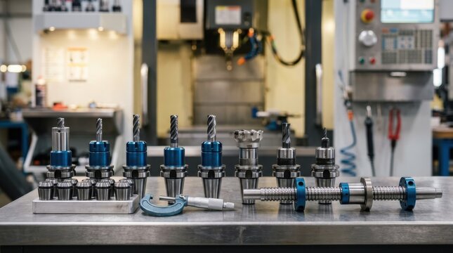 Precision tooling systems with aligned toolholders, collets, end mills, ball screws, and micrometers on a brushed metal bench.