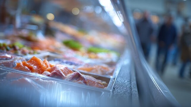 Chilled seafood arranged in a modern glass market chiller with condensation, ready for retail sale and fresh ingredient shopping.