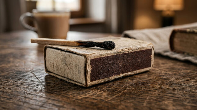 Close up of burnt matchstick on old cardboard matchbox rustic wooden table cozy atmosphere blurred mug and book