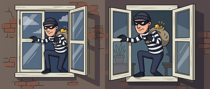 Cartoon Burglar Climbing Through Open Window with Loot Bag Full of Gold Coins