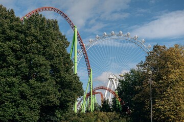 Wide scenic view of an amusement park roller coaster and Ferris wheel rising above green summer trees. © AndreyZayats