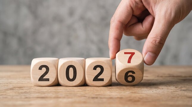 hand flipping block 2026 to 2027  text on table. Resolution, strategy, plan, goal, motivation, reboot, business and New Year holiday concepts