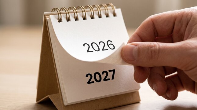 Turning the page from 2026 to 2027 &ndash; New Year calendar concept with hand and desk flip calendar